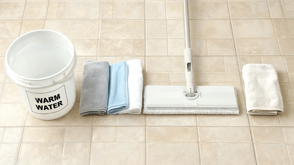 flat lay of warm water bucket microfiber cloths mop and towel for removing grout haze after cleaning
