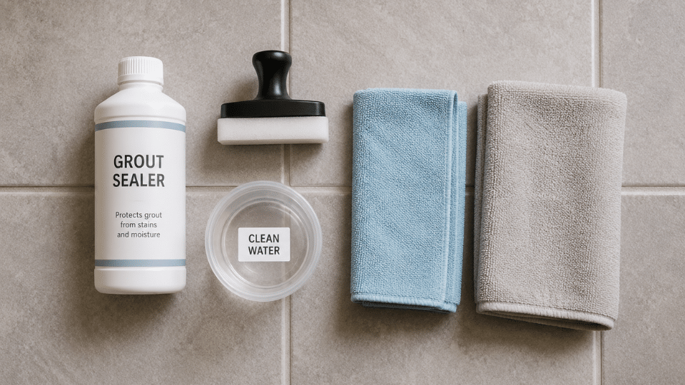 flat lay of grout sealer applicator water cloth and towel for protecting freshly cleaned grout lines