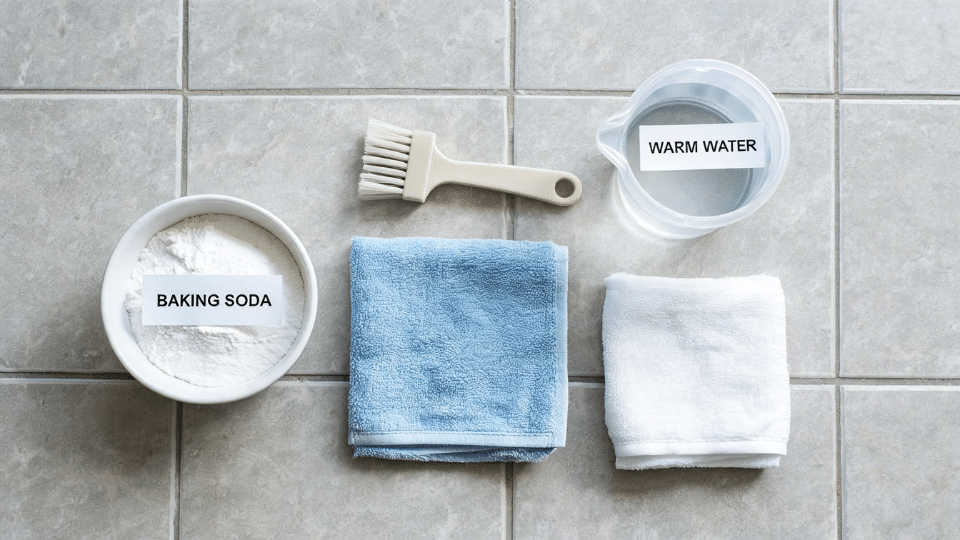 flat lay of baking soda warm water grout brush cloth and towel for cleaning light gray floor grout