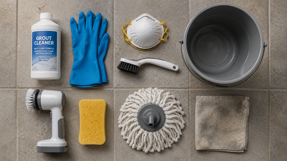 flat lay of grout cleaner gloves mask brush scrubber bucket sponge mop and towel for dirty grout