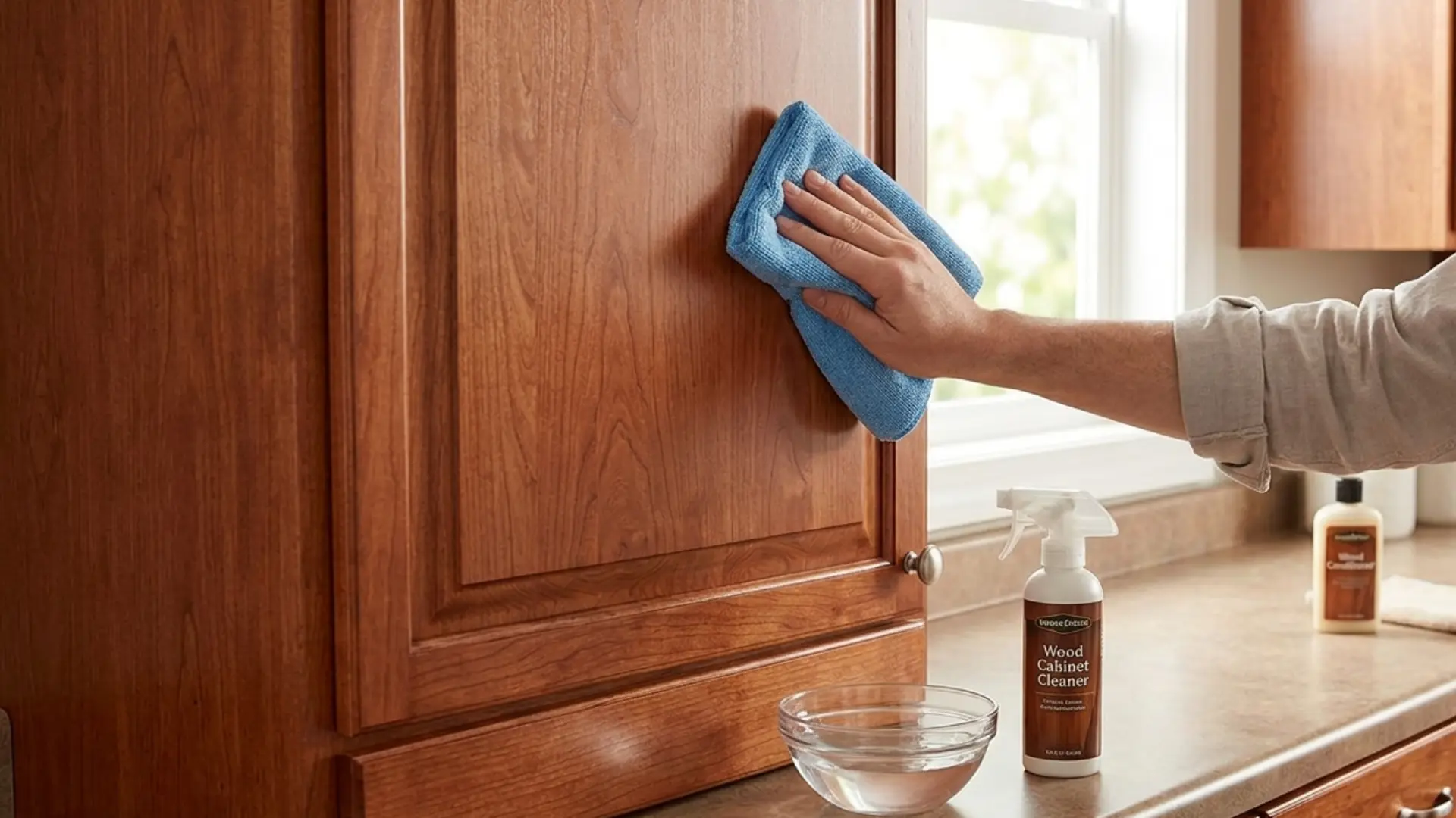 clean stained wood cabinets using a soft cloth, warm soapy water, and directional wiping to preserve the natural grain