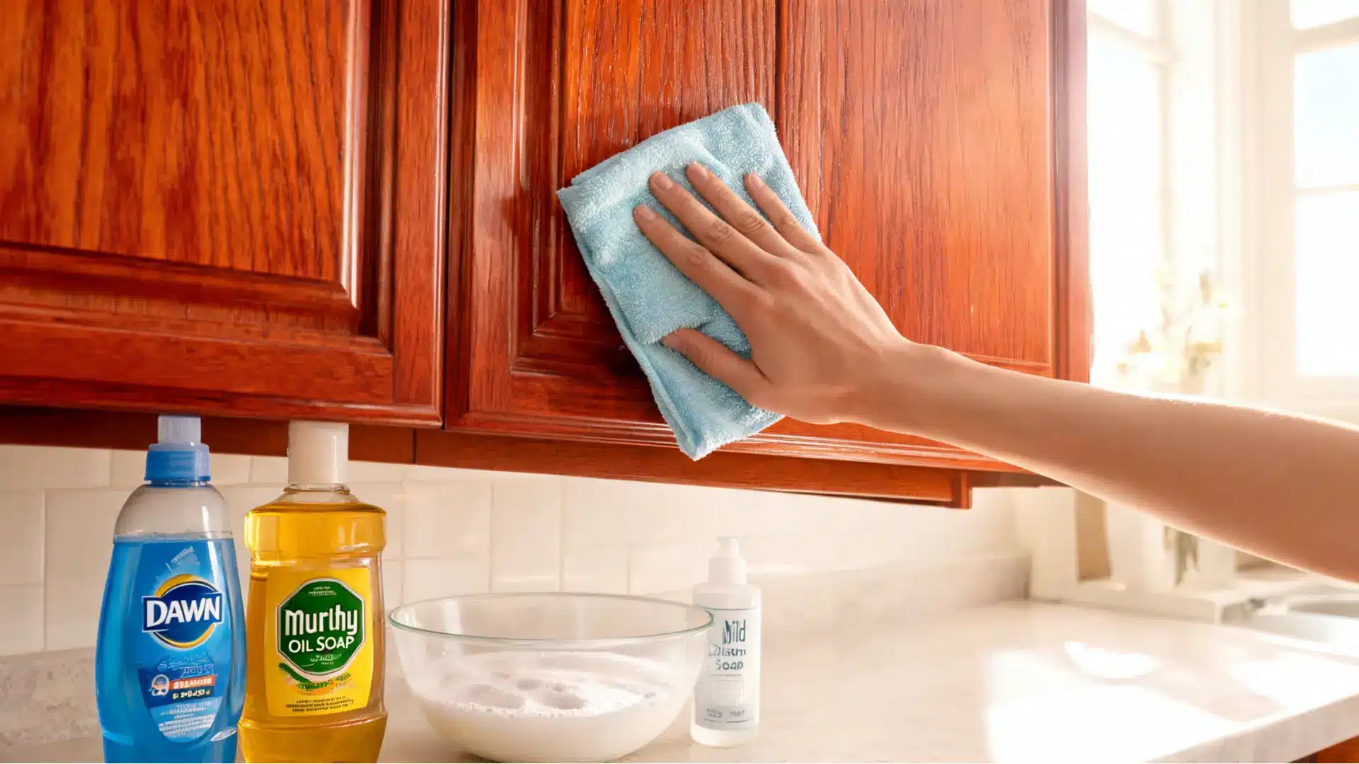 hand cleaning cherry wood cabinets with microfiber cloth, mild soap, dawn, and murphy oil soap