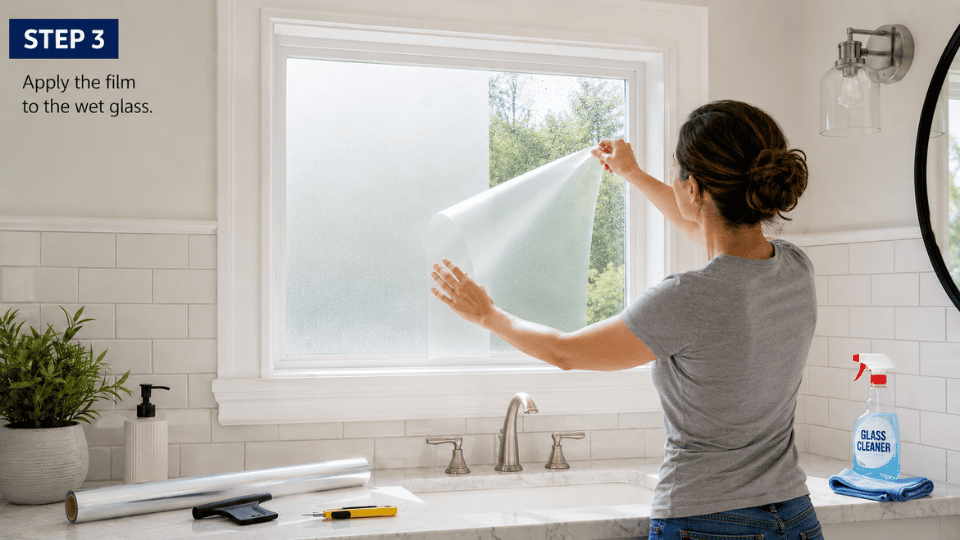 how to frost glass step three showing diy hands placing wet frosted film onto a bathroom window pane