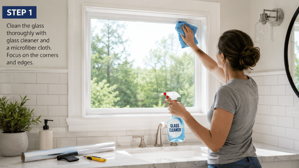 how to frost glass step one with a diy cleaner wiping a bathroom window before applying frosted film