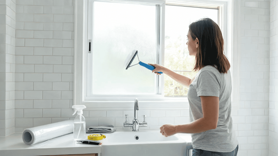 how to frost glass diy featured image showing window film tools and a frosted bathroom window in progress