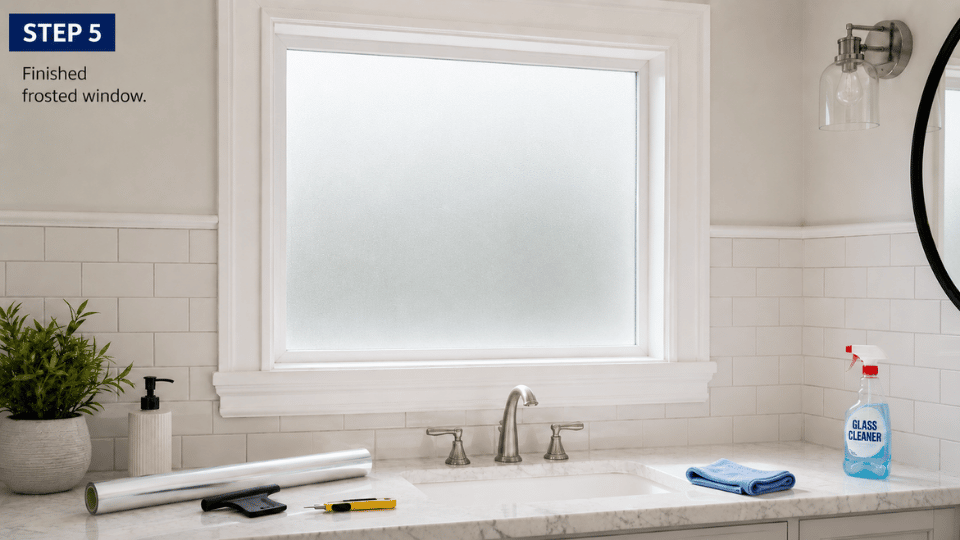 how to frost glass final step showing a smooth frosted bathroom window with clean edges and soft light