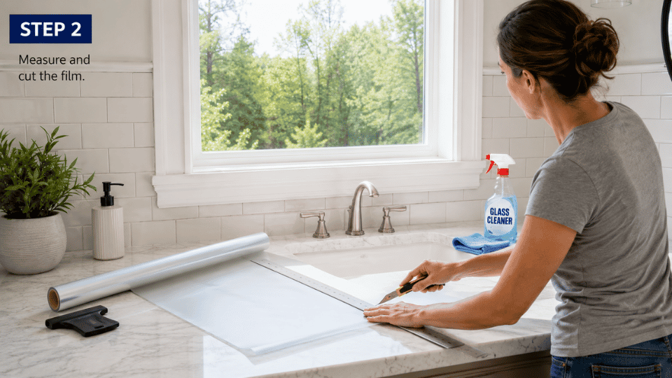 how to frost glass step two showing diy measuring and cutting frosted window film on a bathroom counter