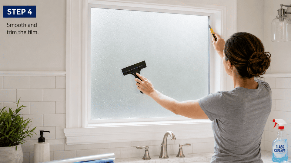 how to frost glass step four with diy squeegee smoothing bubbles and trimming frosted film neatly