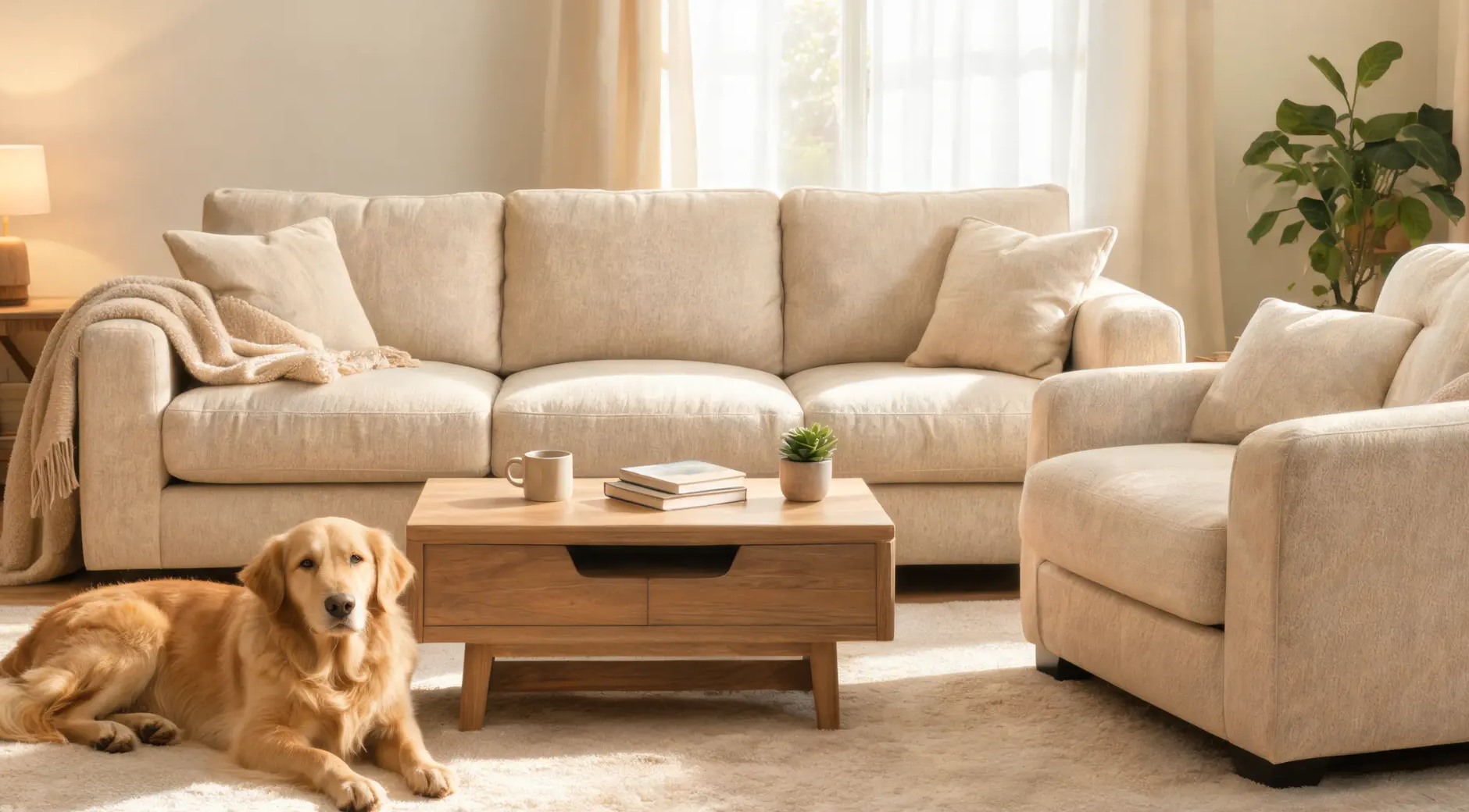 microfiber sofa and armchair in a cozy living room with a dog, showing pet-friendly and everyday upholstery use