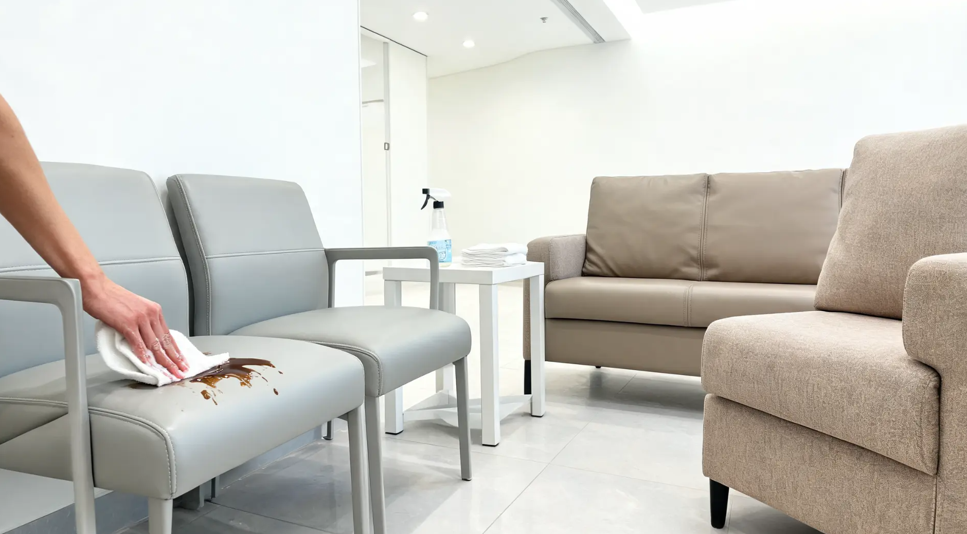 vinyl and pu seating in a clean waiting room, with a spill being wiped from a smooth easy-clean chair