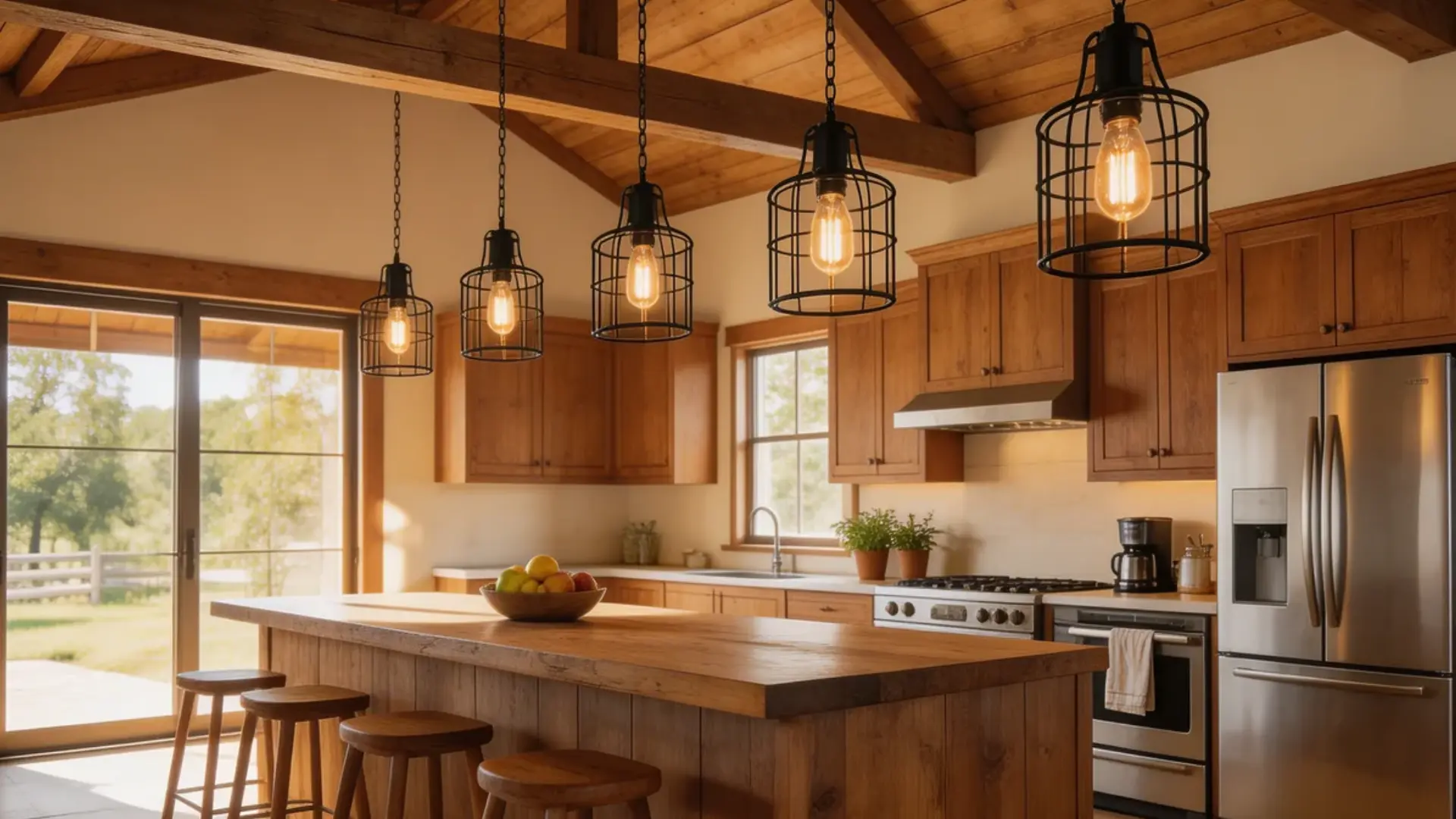 industrial-style lighting fixtures with exposed bulbs or iron frames can enhance the modern rustic vibe of your kitchen
