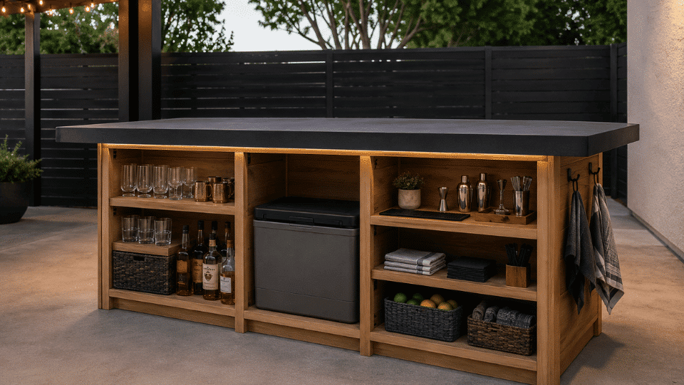 inside view of finished outdoor bar with shelves cooler glasses and bar tools