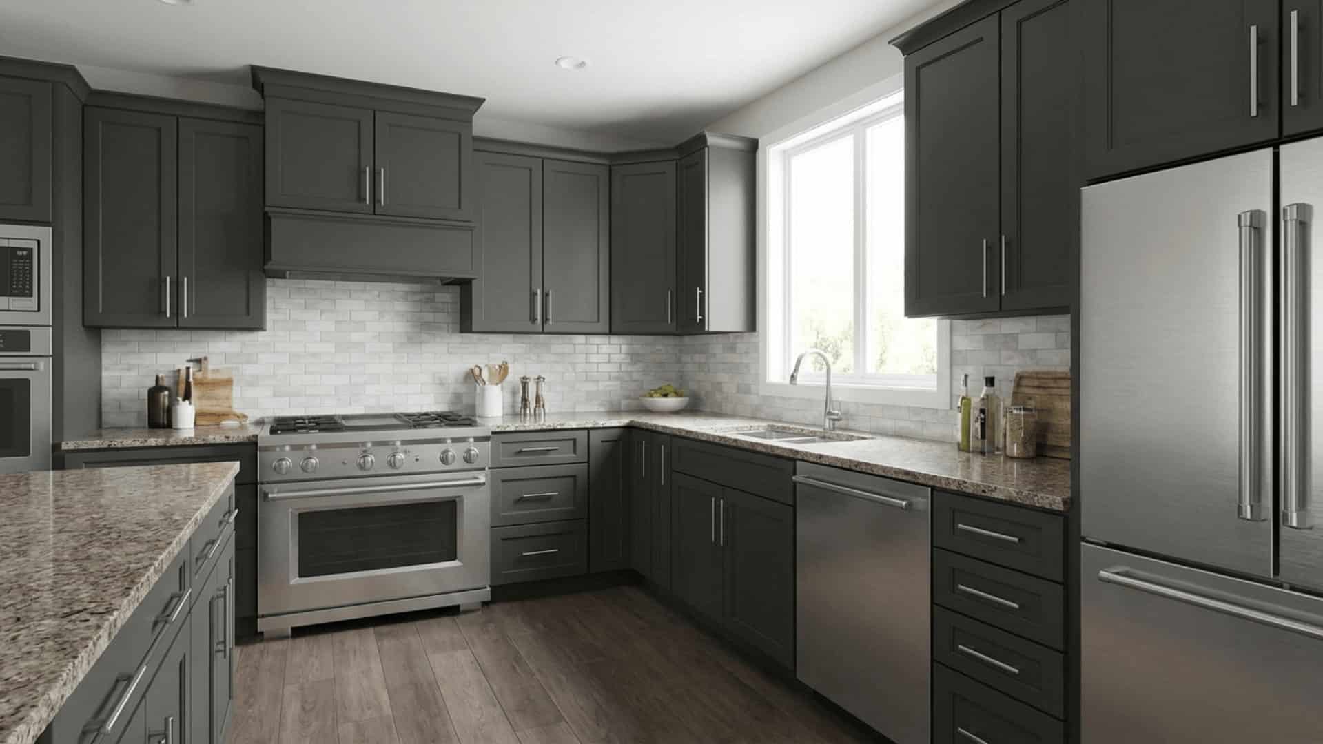 iron ore sw 7069 deep charcoal cabinets with cool brown granite countertops and a light backsplash
