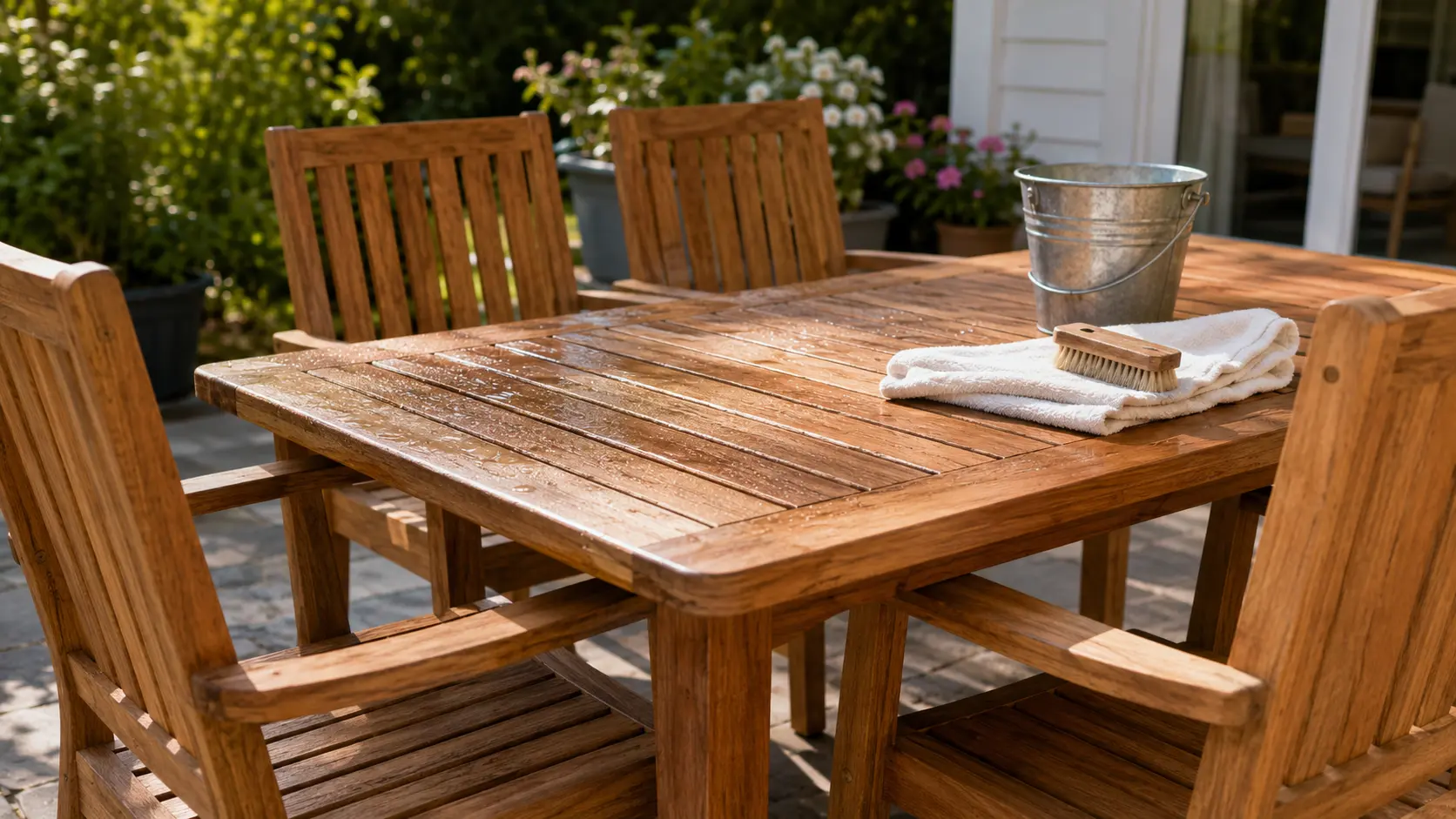 Outdoor teak dining set maintained with a seasonal care routine