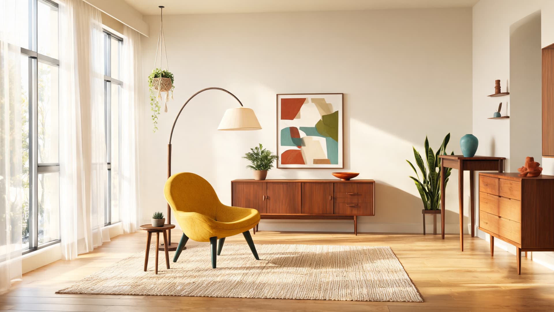 mid century modern room with yellow chair, wood storage, abstract art, plants, and soft natural light