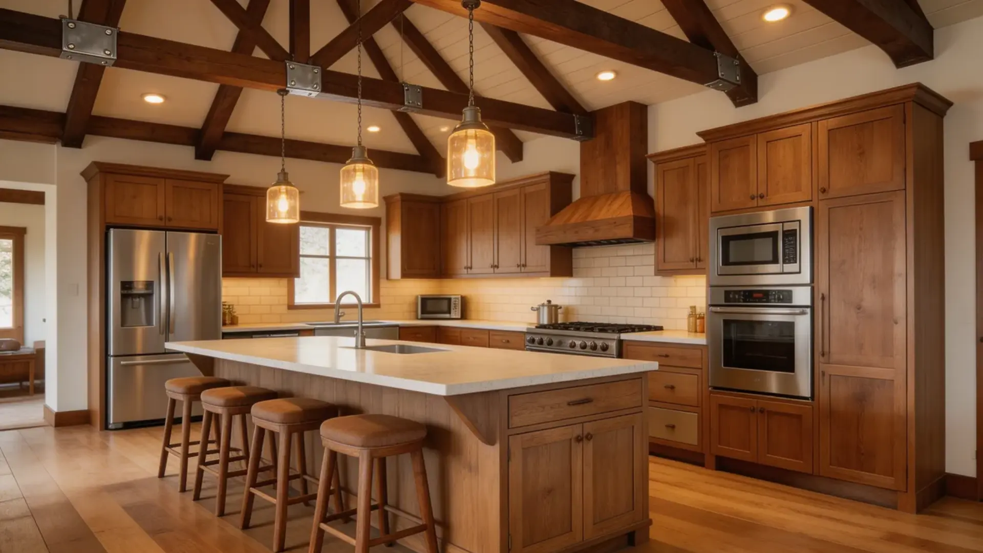 kitchen having a mix of modern appliances, rustic wood accents, and warm lighting, with ample space for cooking and gathering