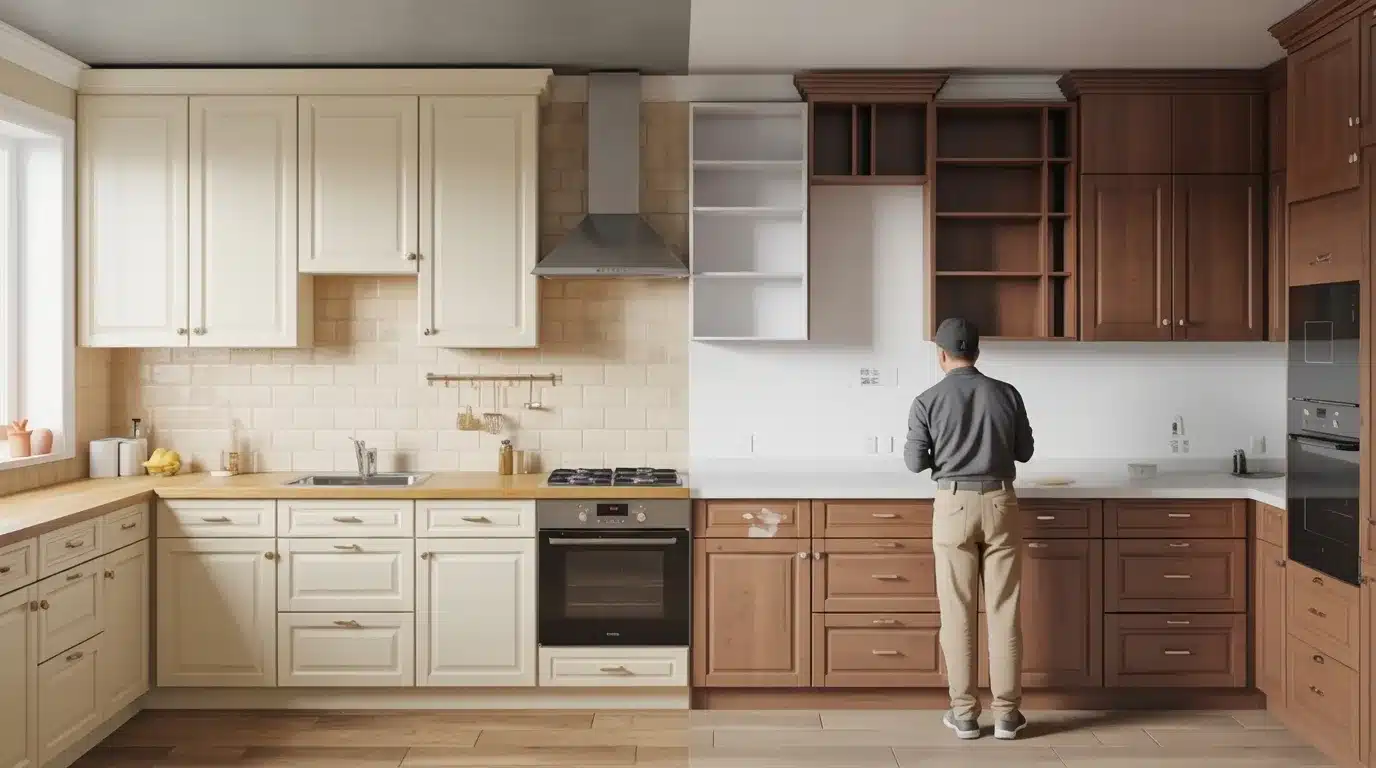 kitchen showing cabinet sizes, materials, styles, labour work, and damage factors that affect refacing cost decisions
