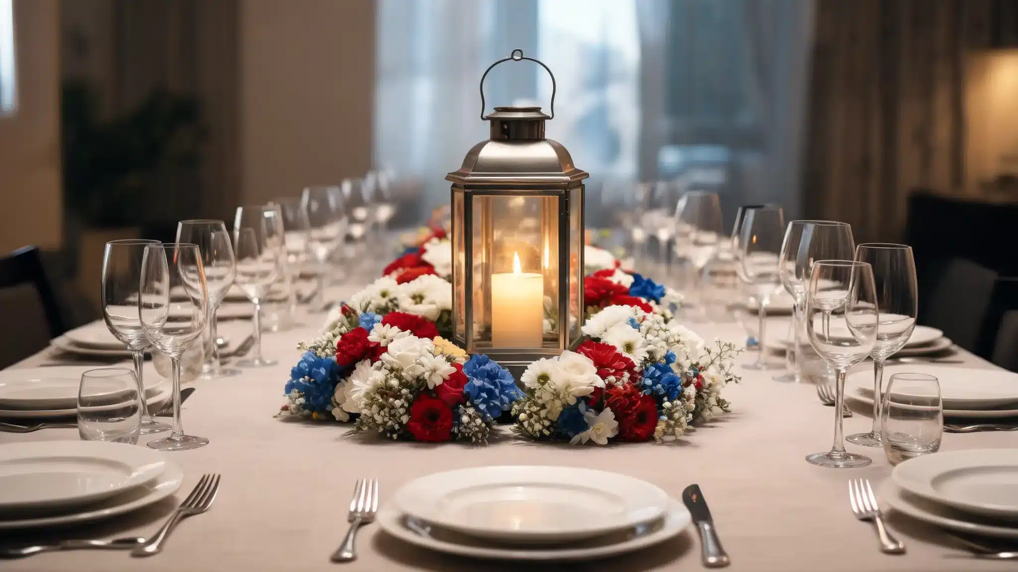 lantern centerpiece with flowers on dining table