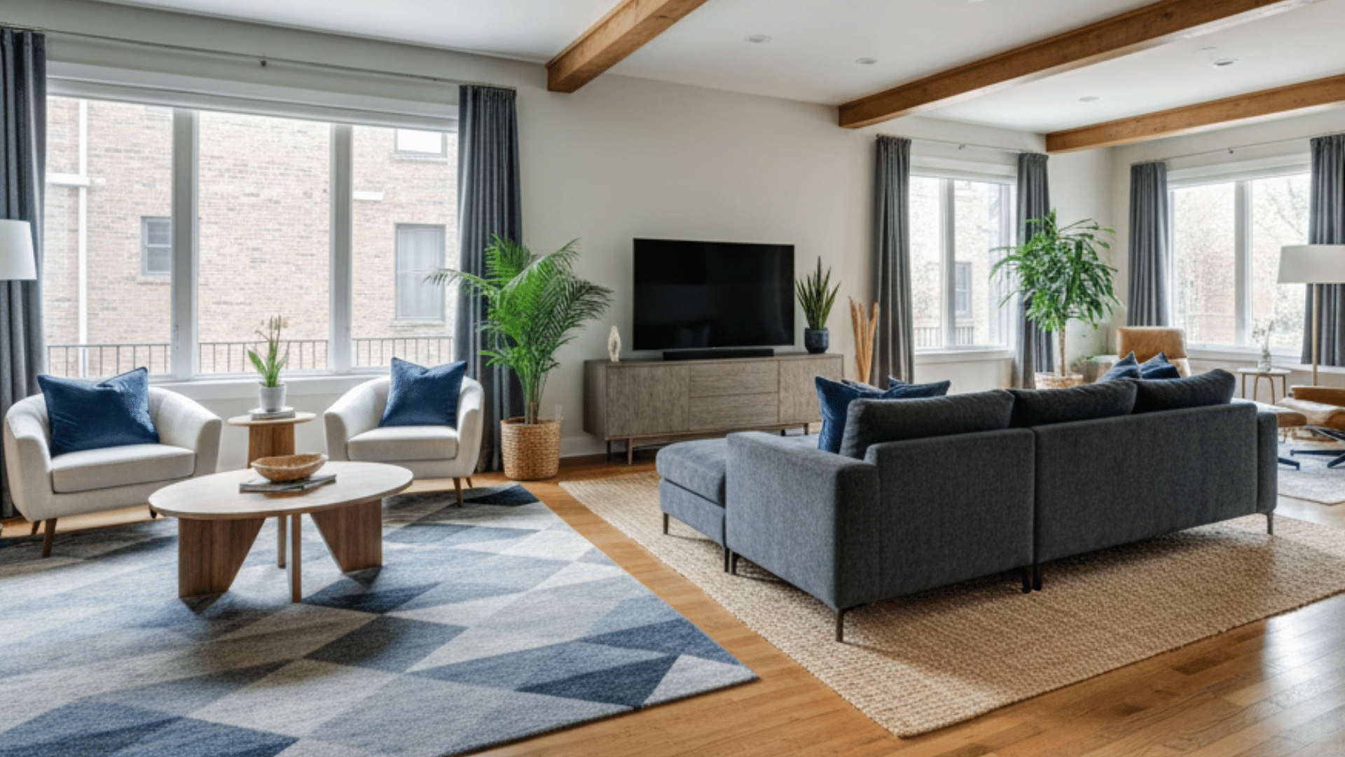 large open-concept living room with distinct zones created by two different area rugs, a grey sectional, and leather armchairs