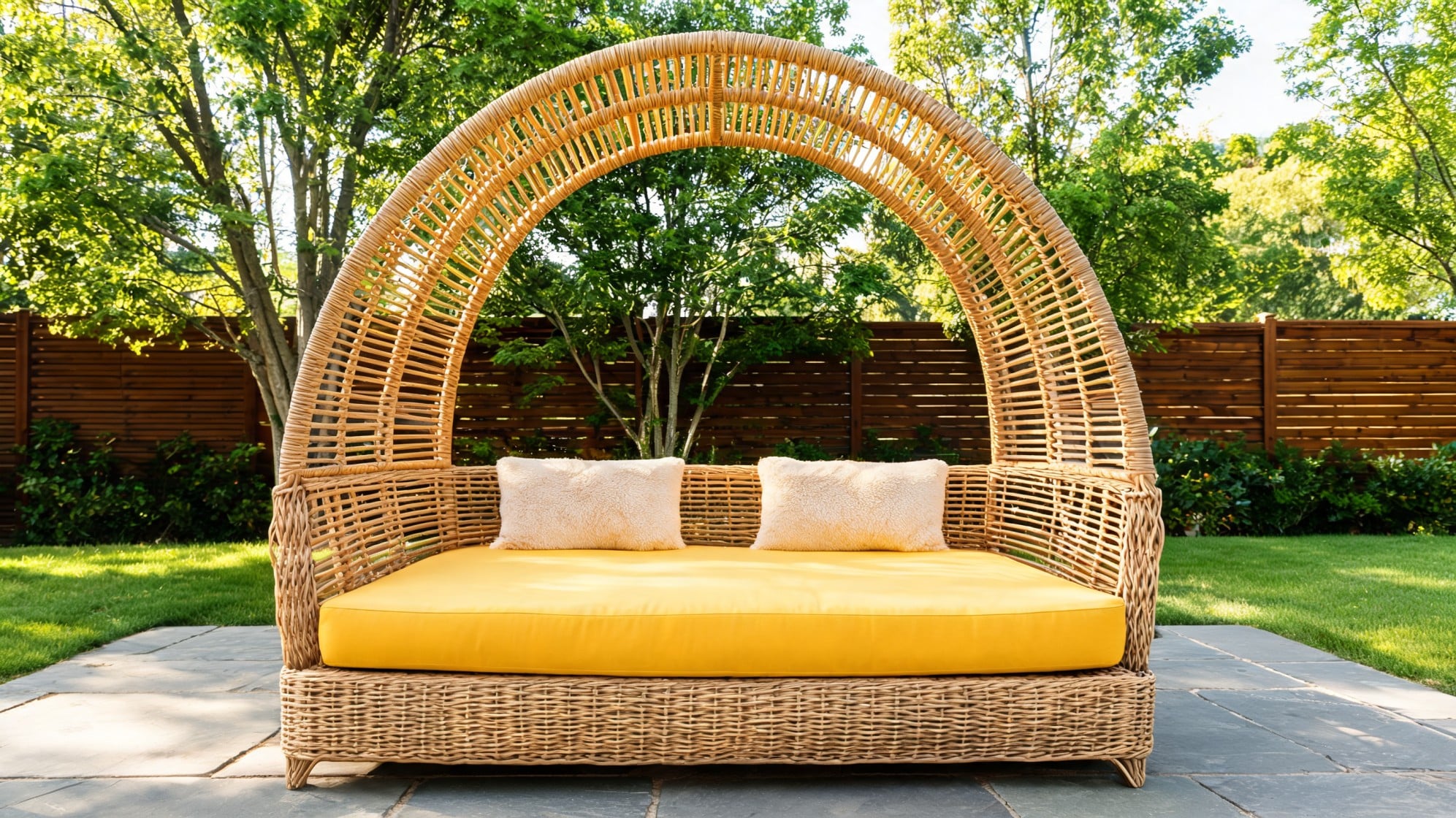 Large wicker outdoor daybed with yellow cushion in a garden setting