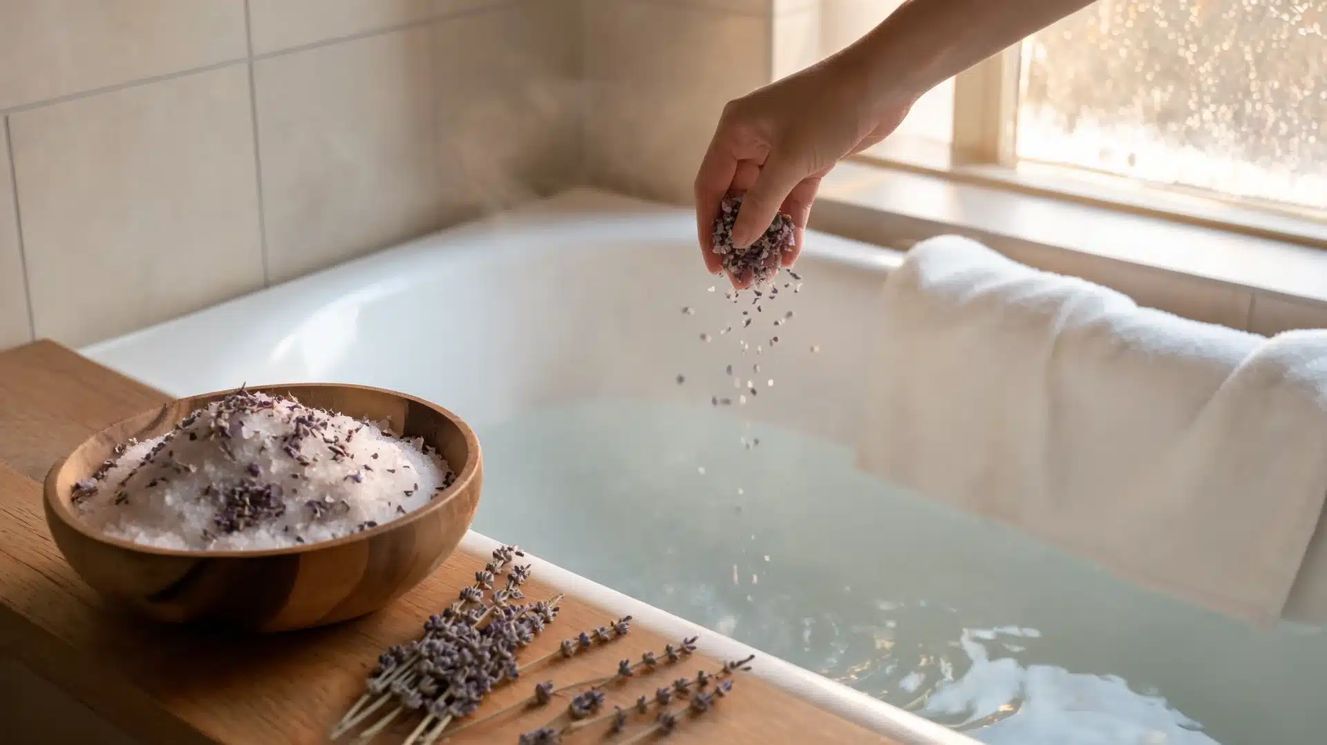 lavender bath soak beside warm bathtub with dried flowers and bath salts