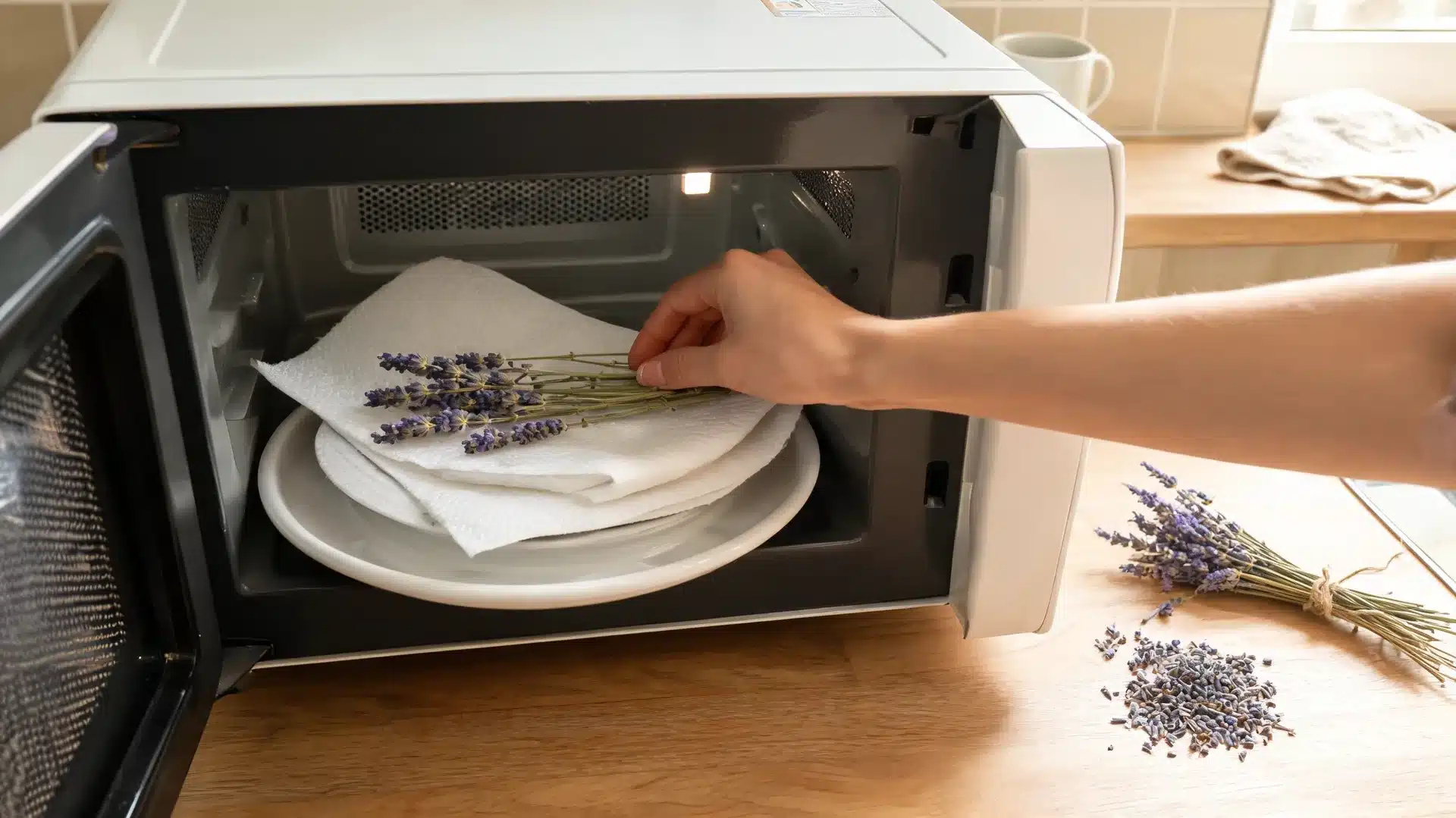 lavender bundle drying between paper towels inside microwave on kitchen counter