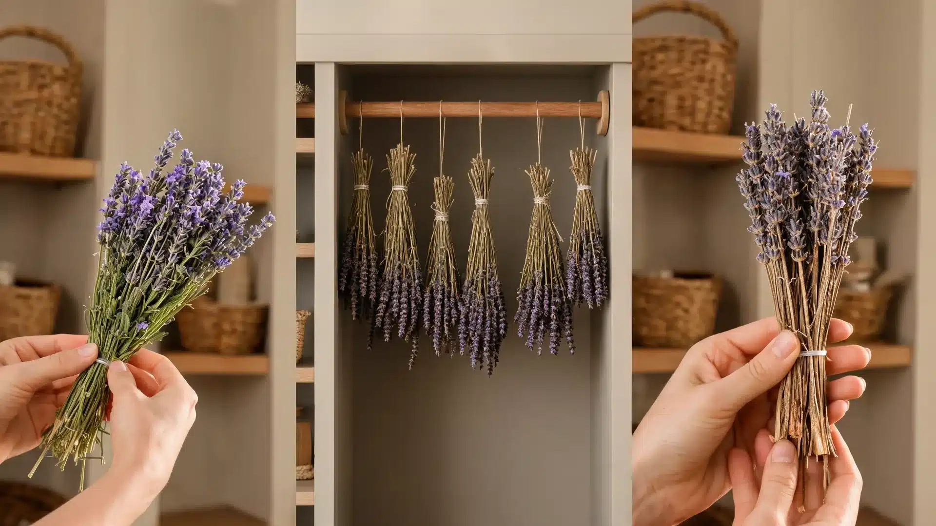 lavender bundles hanging upside down drying naturally inside rustic pantry room