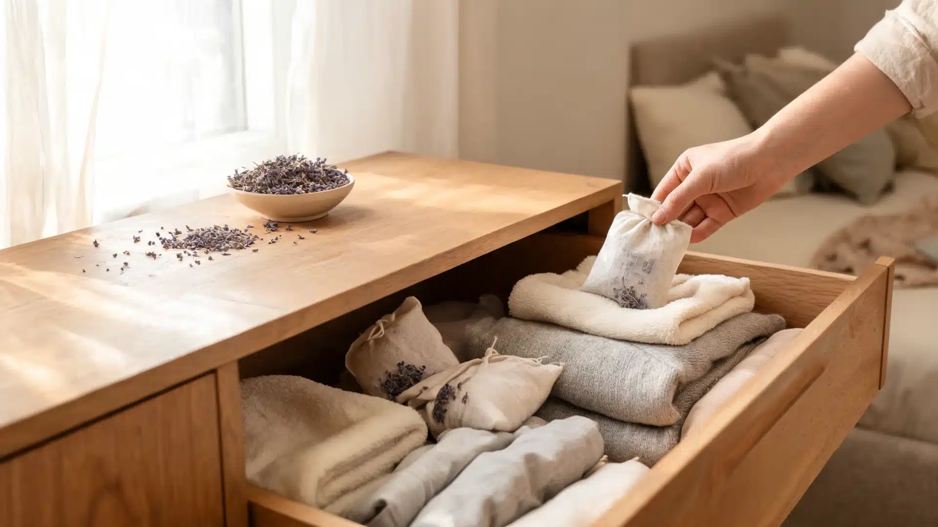 lavender sachets resting inside wooden drawer between folded clothes and linens