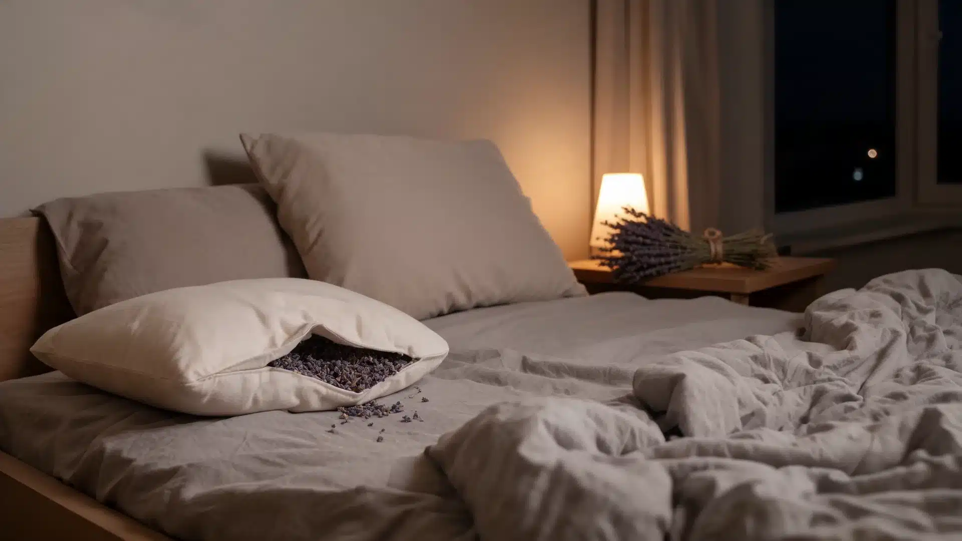 lavender sleep pouch resting beside pillow in softly lit cozy bedroom