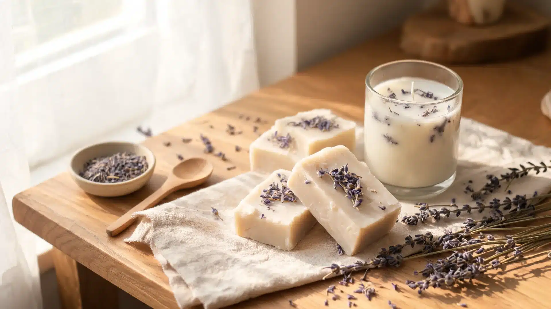 lavender soap bars and candle with dried buds on craft table