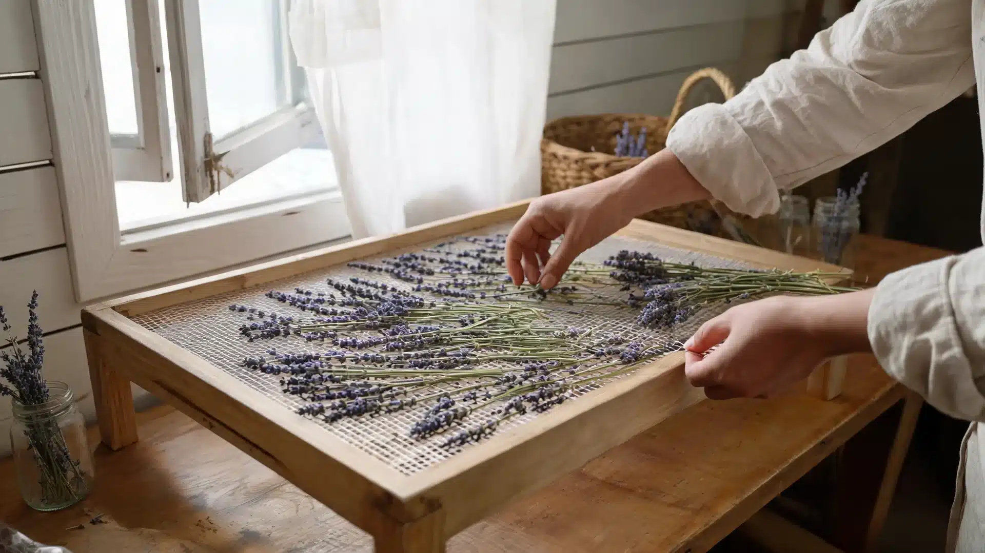 lavender stems drying evenly on mesh screen near airy farmhouse window