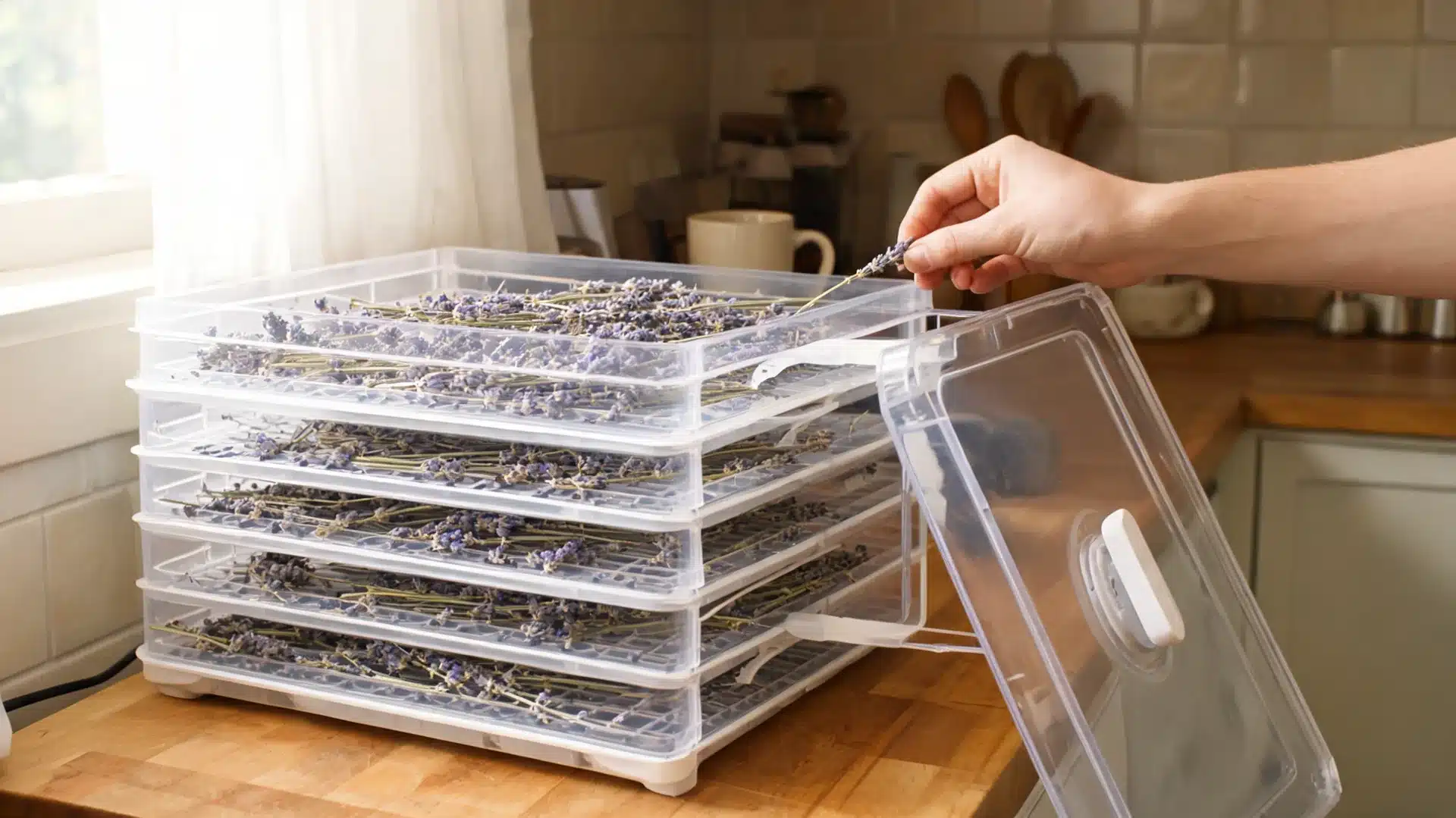lavender stems drying neatly inside food dehydrator on kitchen counter