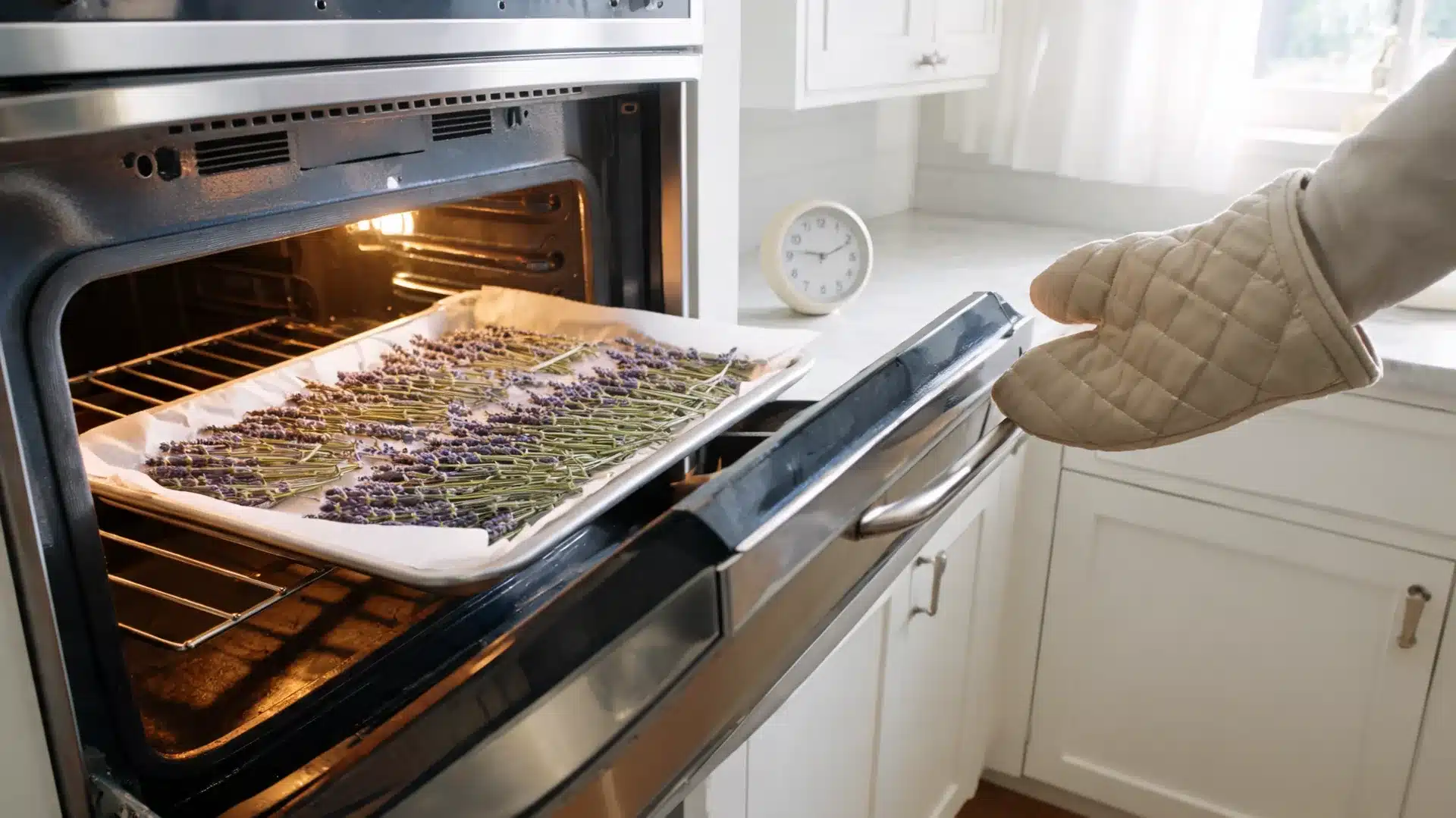lavender stems drying on parchment tray inside slightly open warm oven