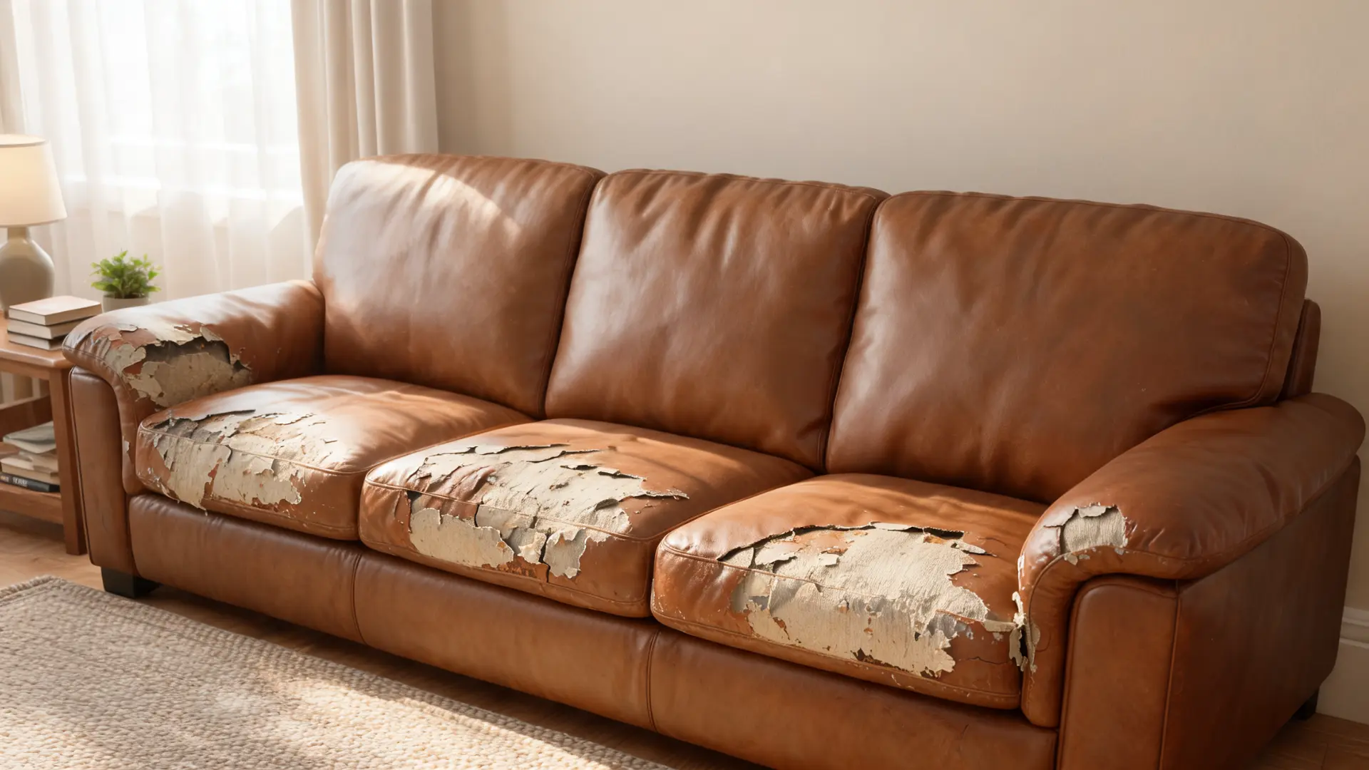 worn bonded leather sofa with peeling and cracked upholstery, showing why it wears faster than genuine leather