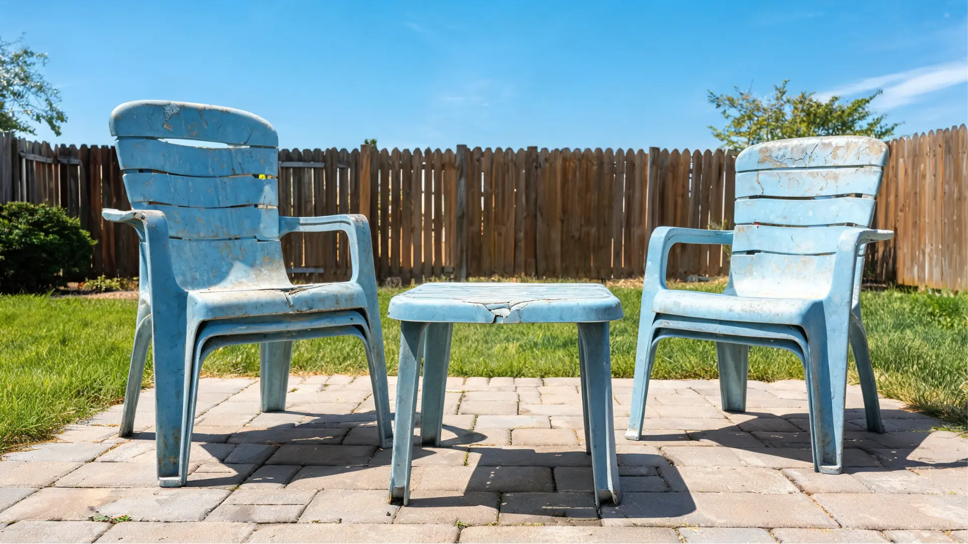 faded blue plastic patio chairs and table with cracks and brittle edges from sun and outdoor weather exposure