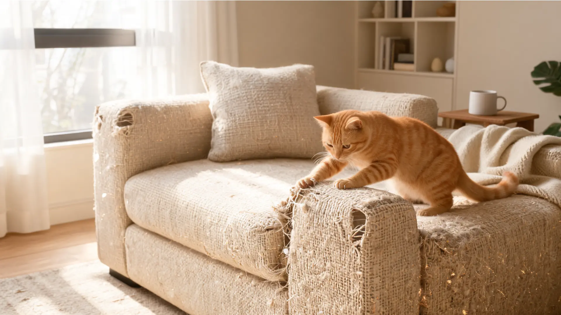loose weave sofa with snagged threads pilling trapped pet hair and a cat pulling at the fabric