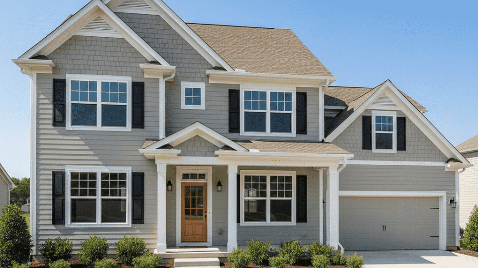 Light gray home with dark brown roof, white trim, black shutters, and neat landscaping in bright sun