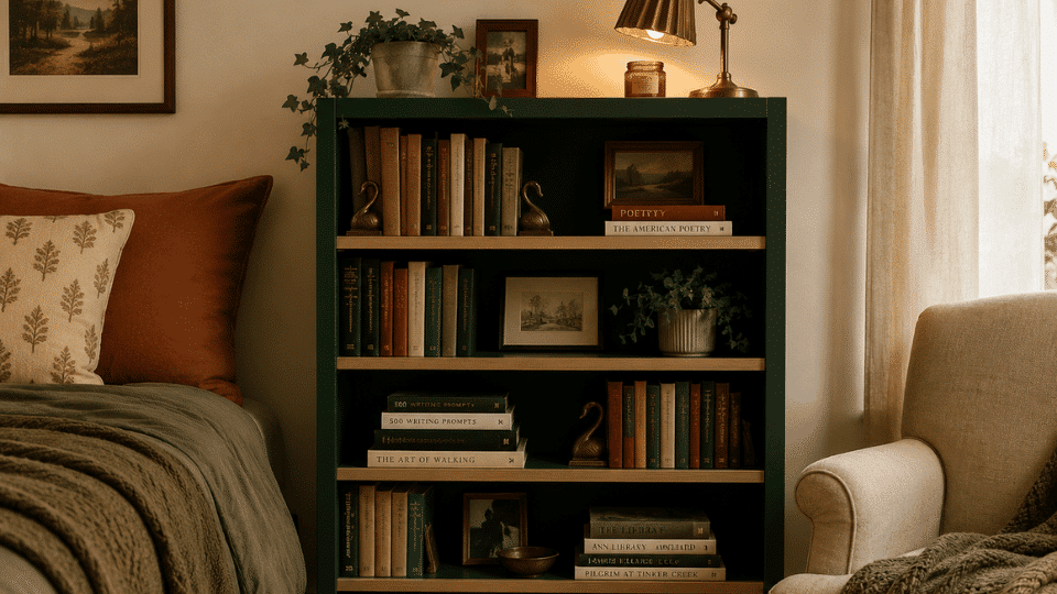 literature heavy painted bookshelf styled with novels and reading decor
