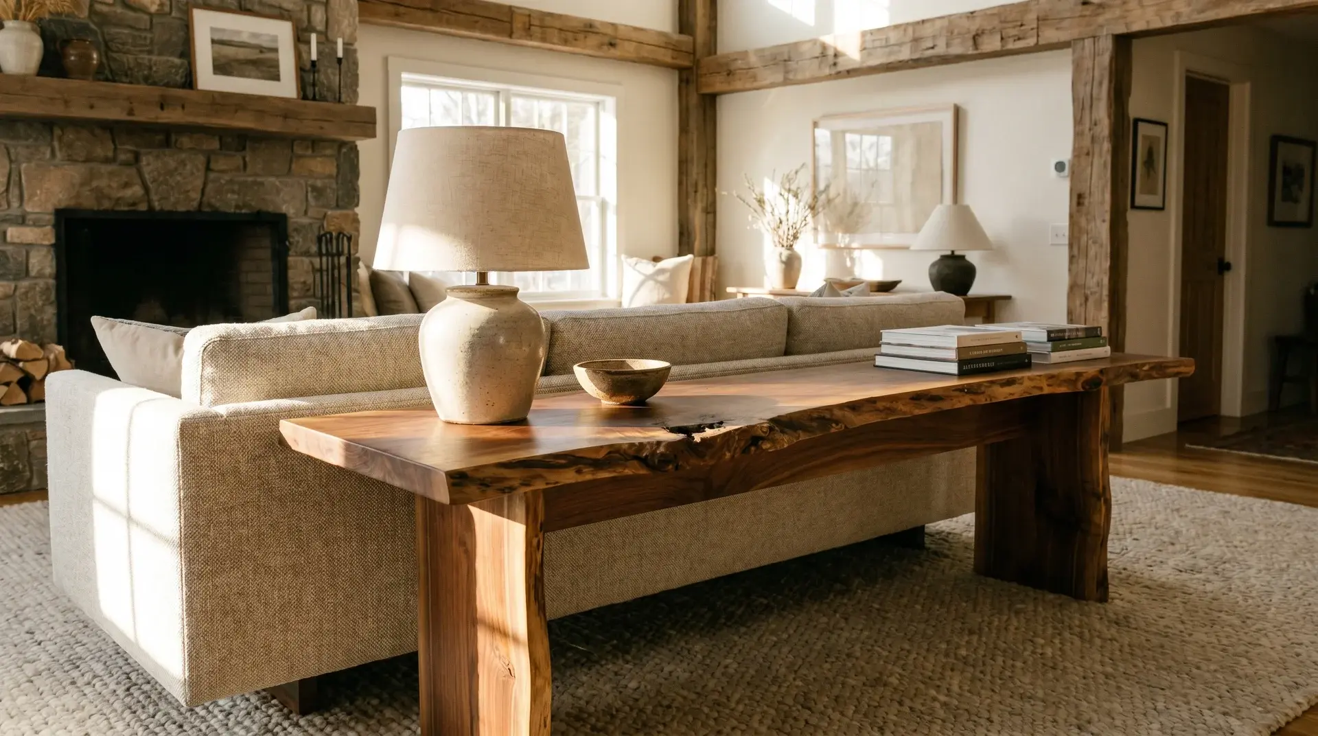 live edge wood sofa table behind sofa with lamp bowl and books in warm living room (1)