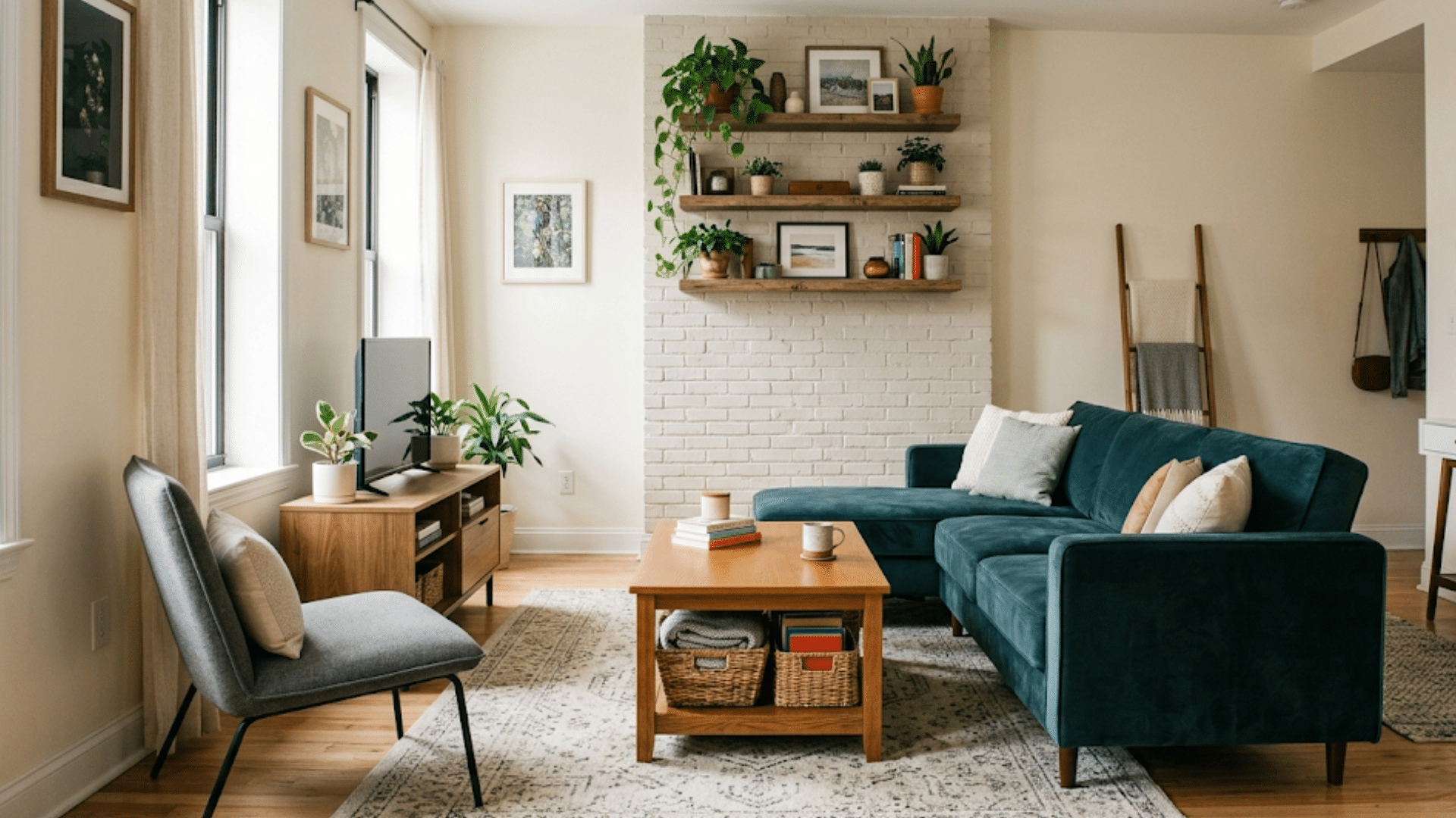 living room featuring a slim teal sofa, storage coffee table, and floating shelves to maximize space in a small apartment