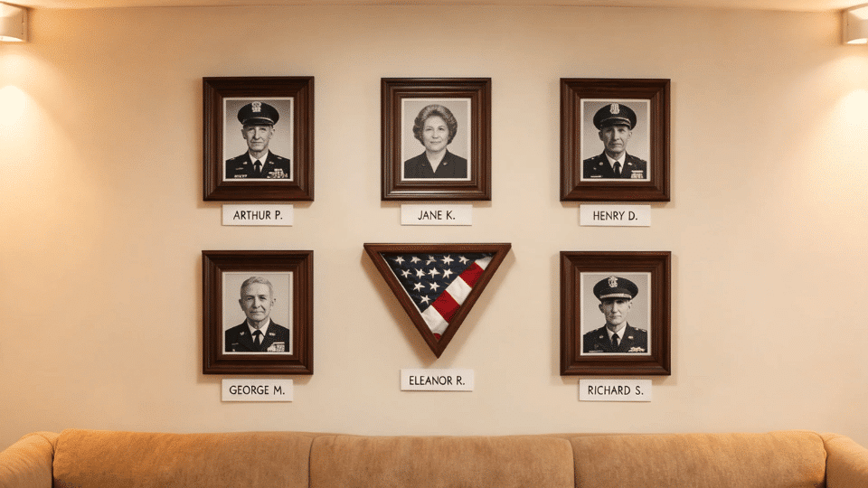 living room gallery wall with framed veteran photos and folded flag display at center