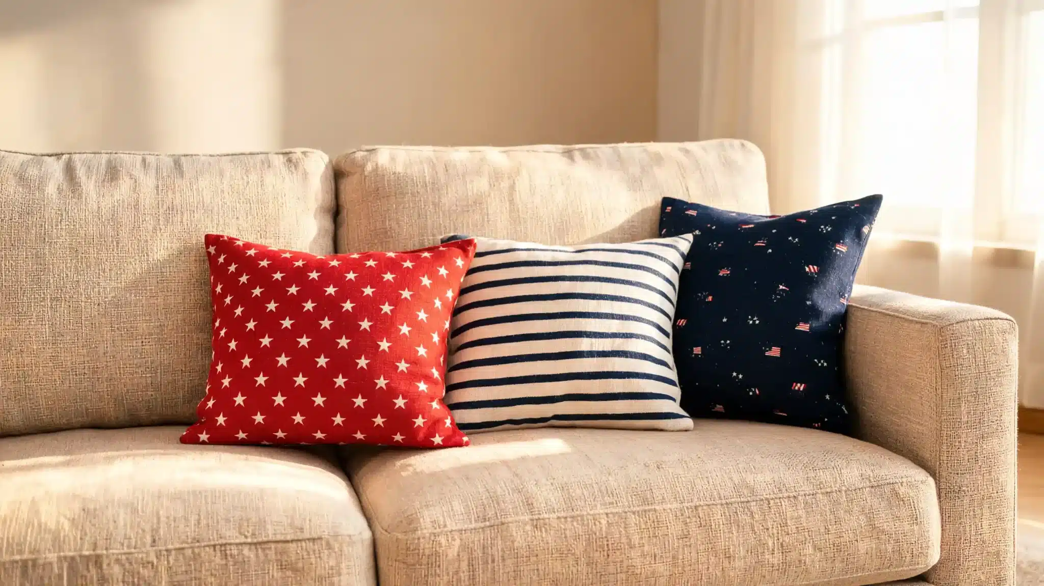 living room sofa with flag inspired pillows