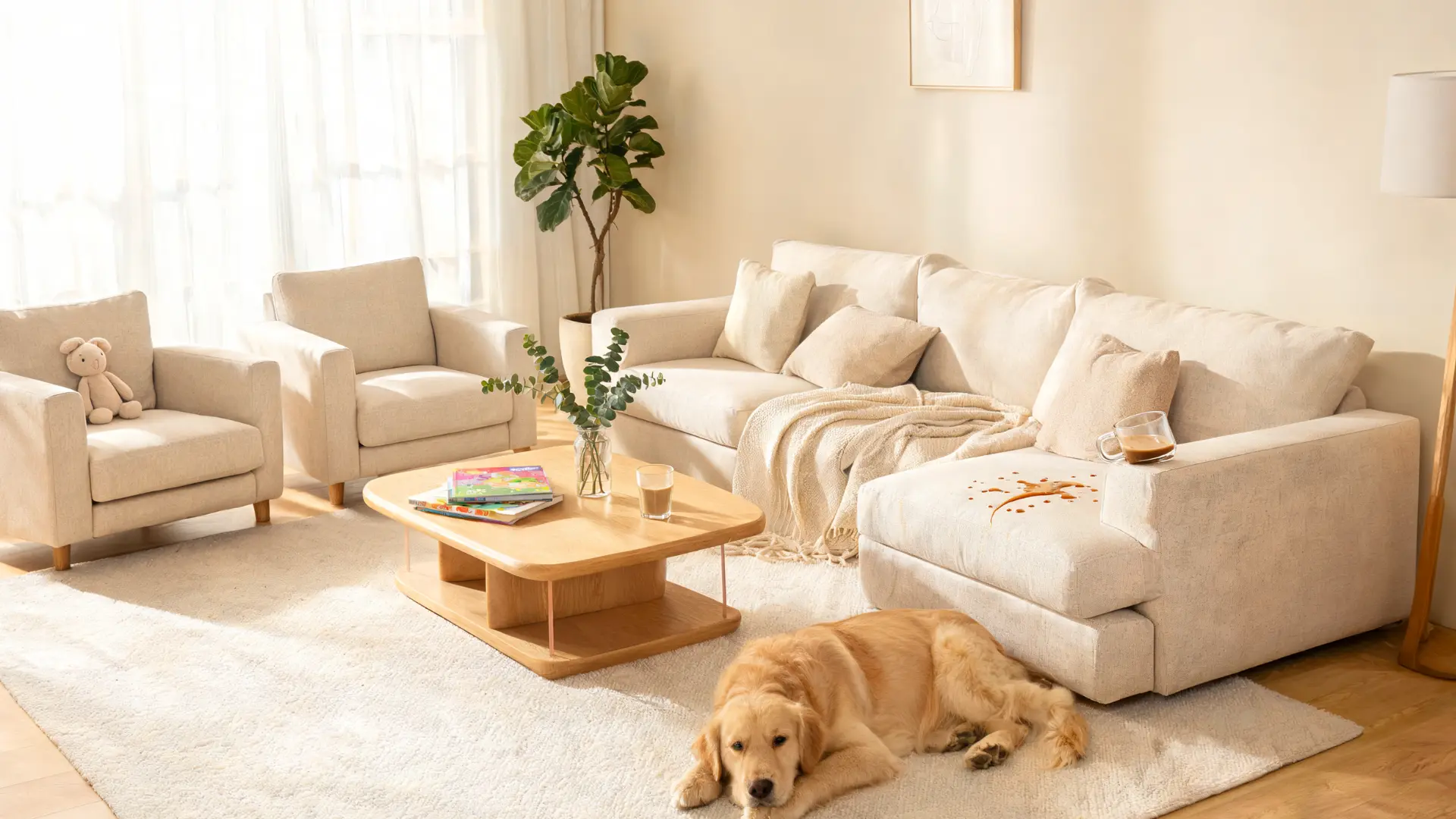 bright living room with performance fabric sofa, armchairs, coffee spill, kids' books, and dog on the rug
