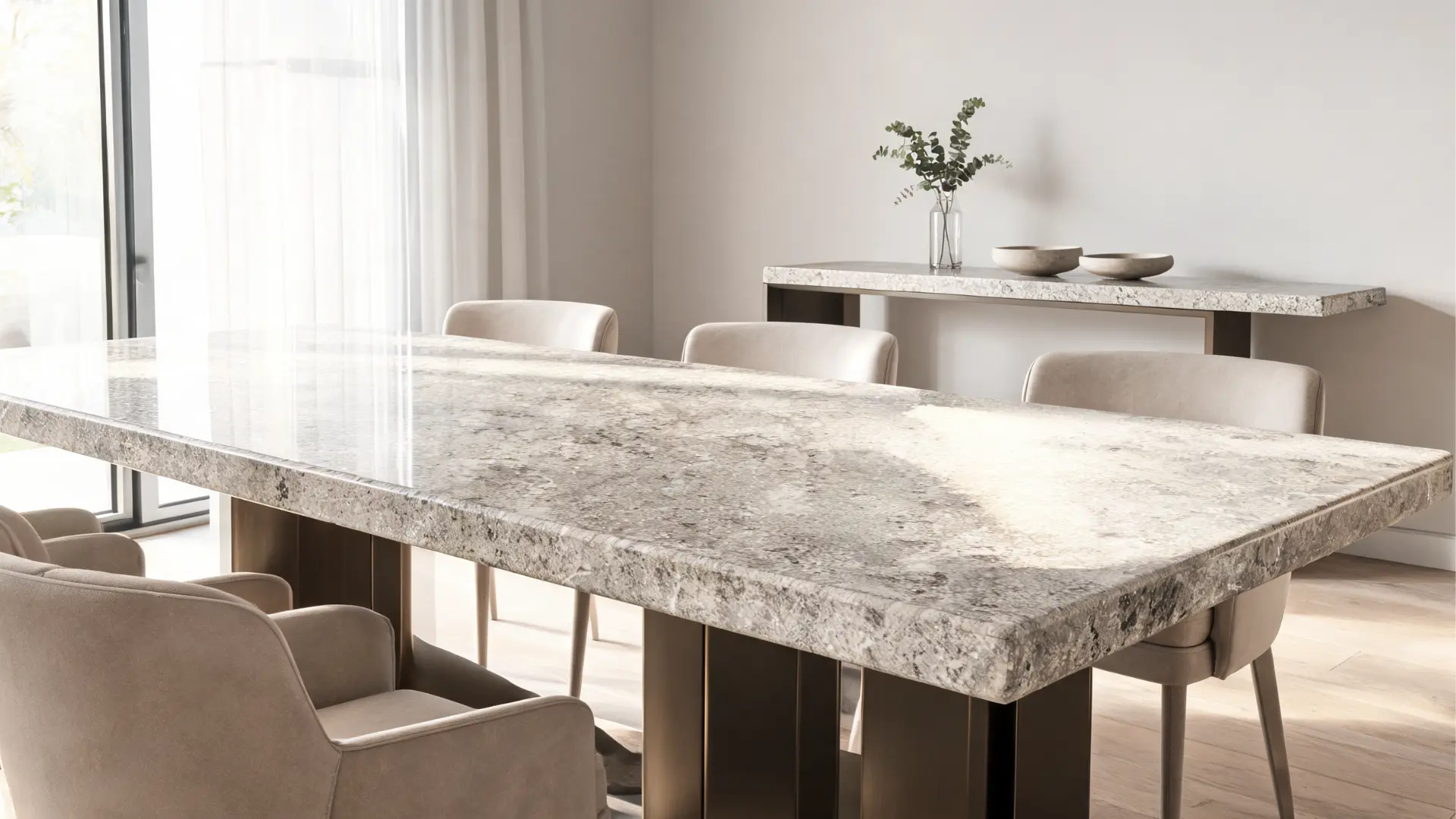 granite or quartz stone dining table with a matching console table in a bright modern room, showing durable hard surfaces