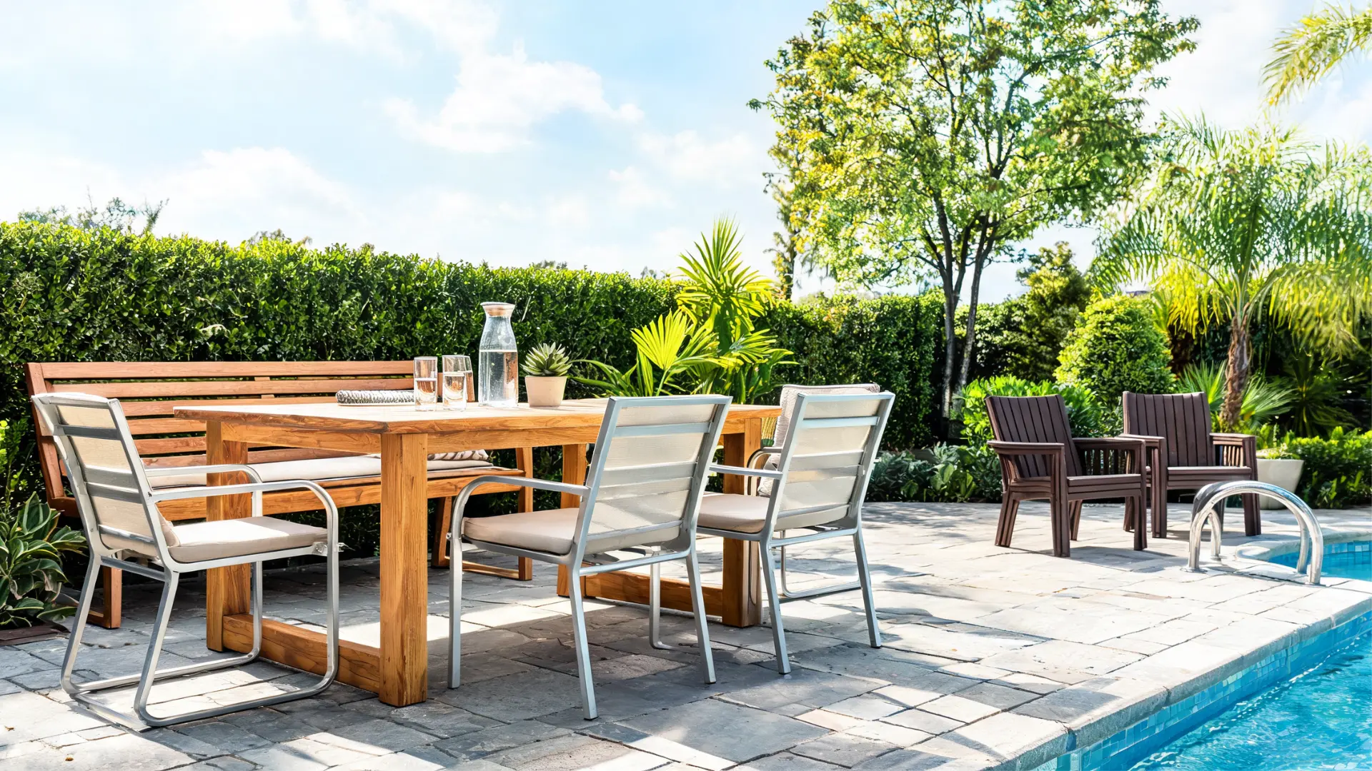 outdoor patio with teak dining table, aluminum chairs, hdpe poolside seats, and garden furniture in sunlight