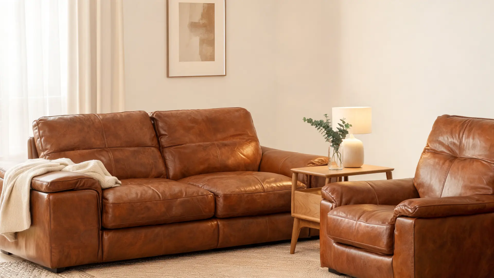 brown genuine leather sofa and recliner in a warm living room, showing durable upholstery and classic comfort