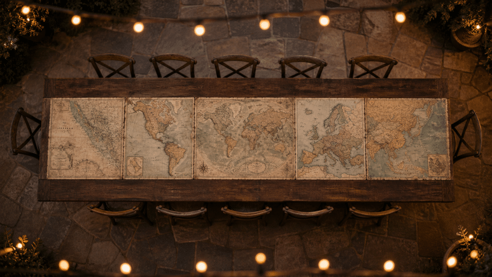 long table with vintage maps as runner on patio at dusk soft lights blurred background top down