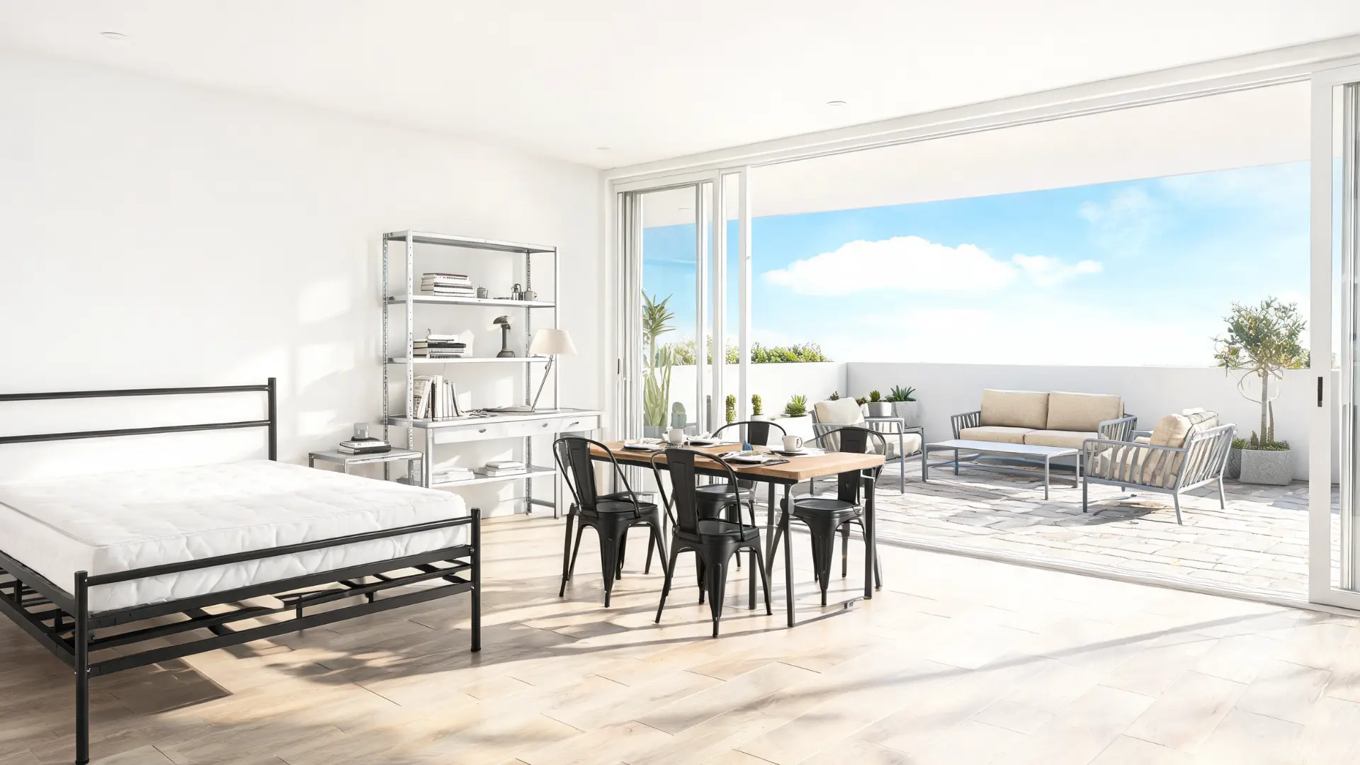 bright modern room with a black metal bed frame, metal dining chairs, silver shelving, and outdoor metal patio furniture