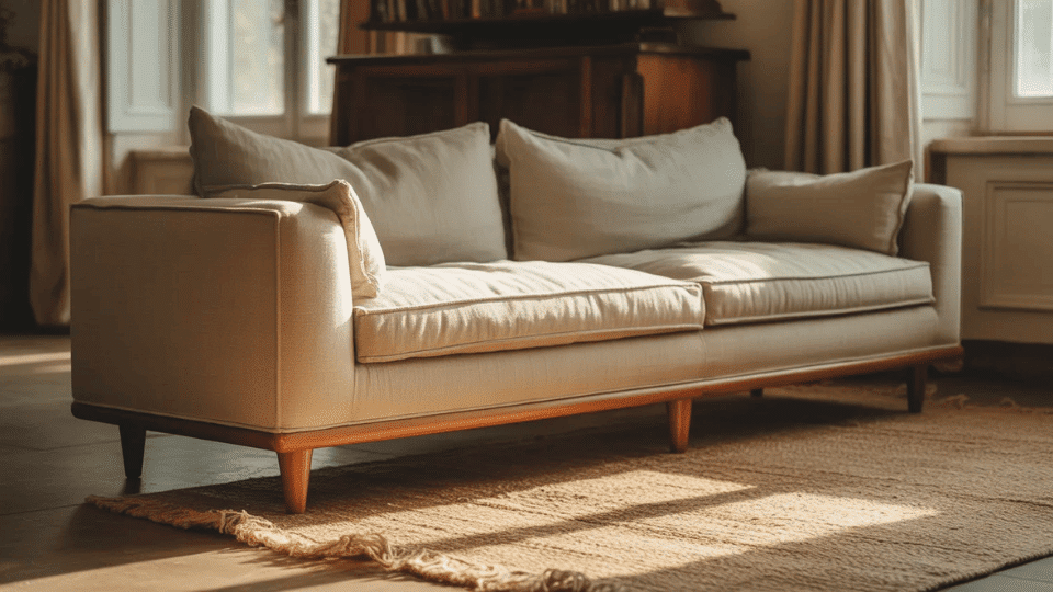 _low-profile sofa with visible legs on a jute rug in a spacious airy minimal living room