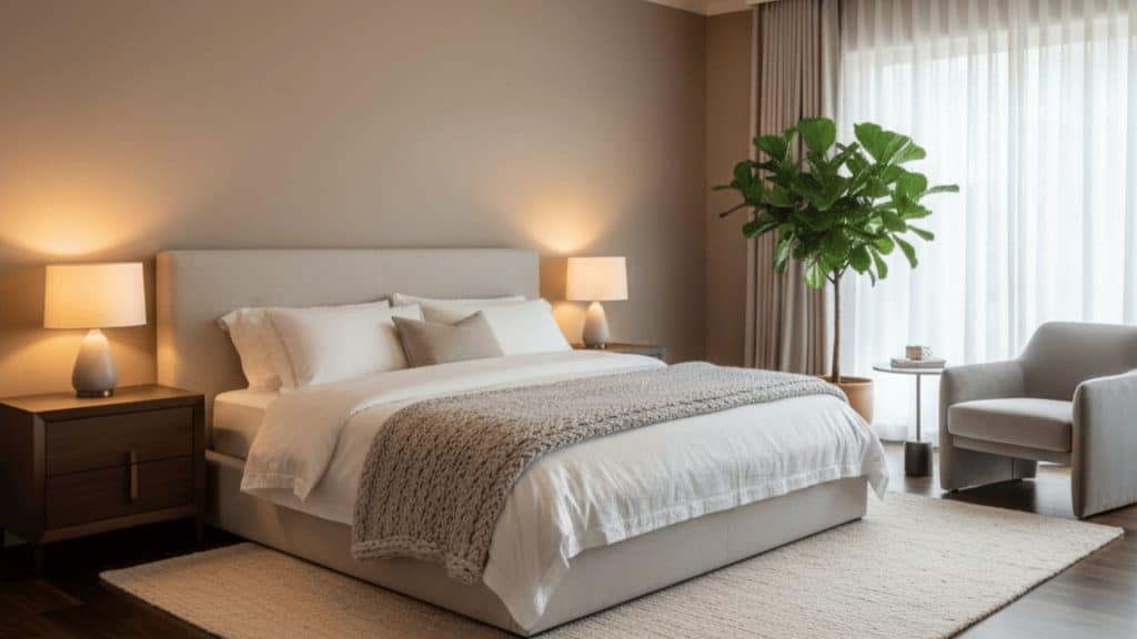 luxurious living room with dark walnut floors, warm off-white walls, a taupe sofa, and a large fiddle-leaf fig plant